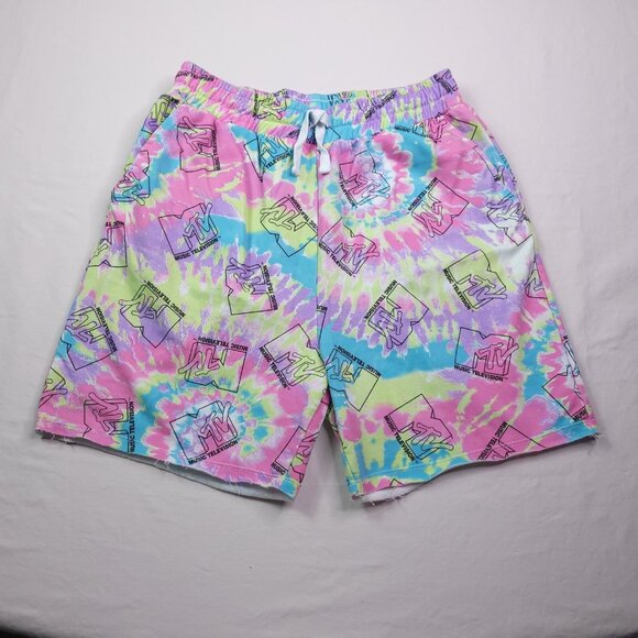 MTV Juniors Fleece Shorts Pockets Medium Tie Dye All Over Print Elastic Waist - Picture 2 of 5
